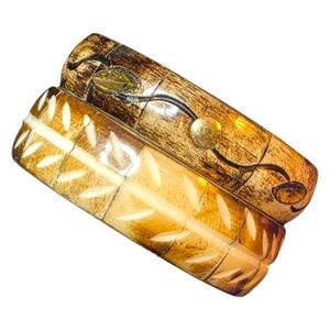 Carved Bone Leaf Bangle Bracelets Gold Tone Inner Brown Tan RR 565